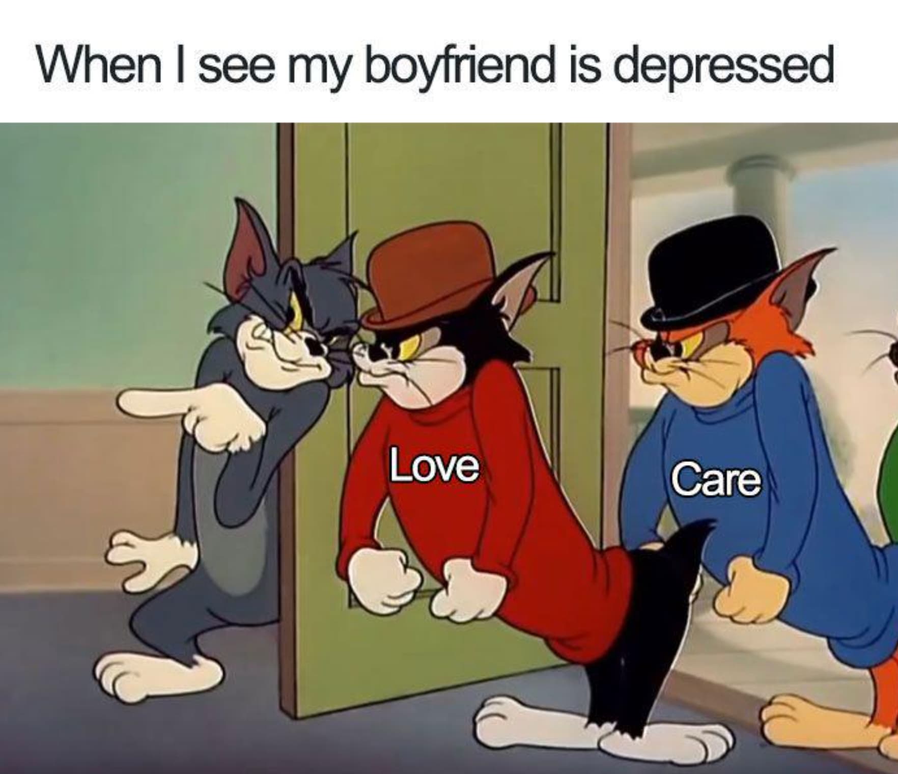 tom and jerry pointing gif - When I see my boyfriend is depressed Love Care